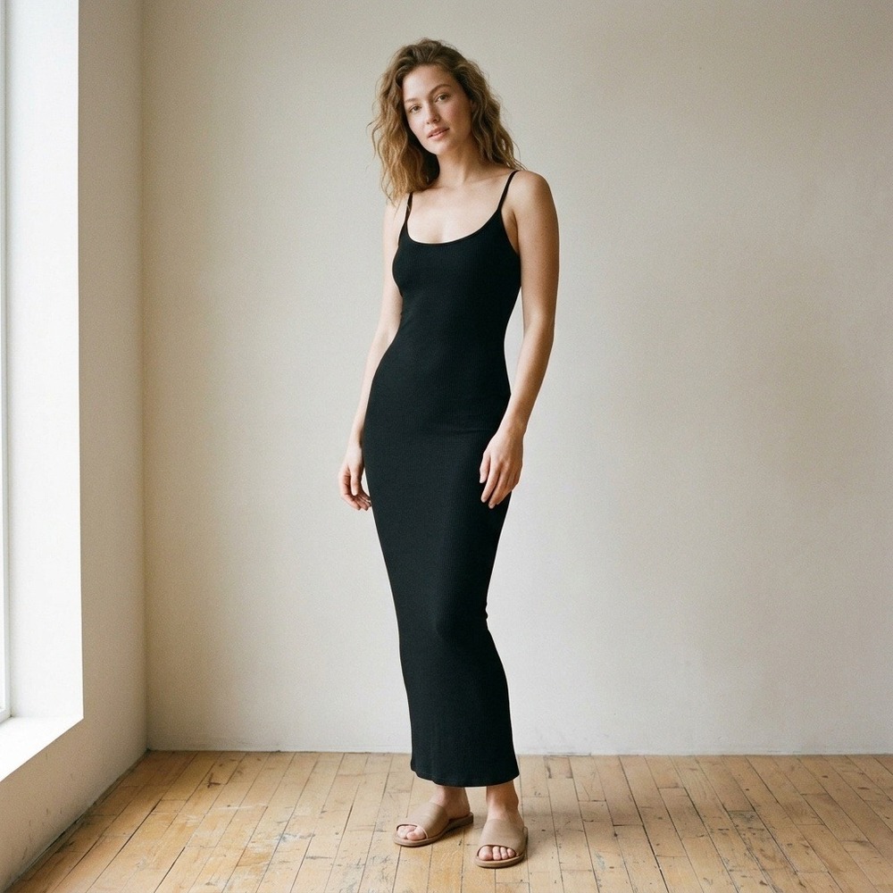 Skims Soft Lounge Long Slip Dress Women Medium Onyx Black Ribbed Maxi Minimalist